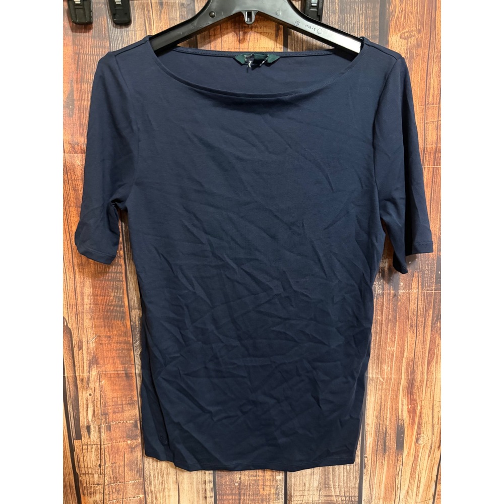 Lauren Ralph Lauren Navy Blue Boat Neck Elbow Sleeve Knit Top Large